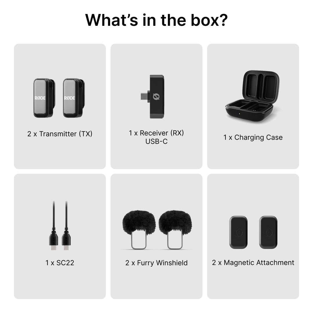 RØDE Wireless Micro, Microphone sans Fil Compact, Deux micros avec boîtier de Charge pour l’Enregistrement vidéo sur Smartphone et la création de Contenu, USB-C (Noir)
