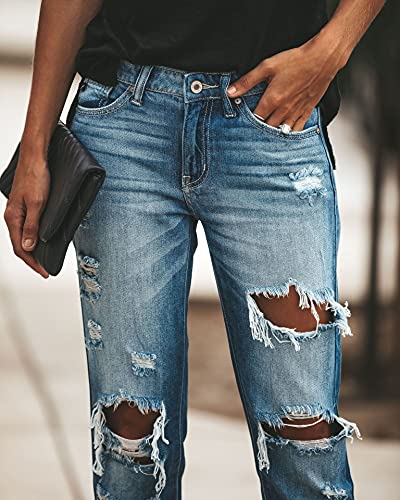Women's Distressed Mid Waisted Boyfriend Jeans Loose Fit Ripped Stretchy Denim Pants4