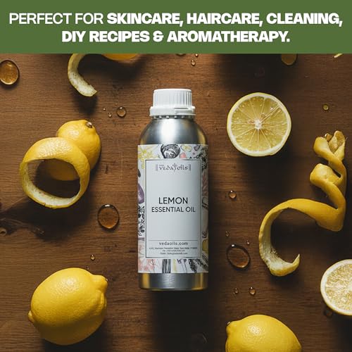Image of VedaOils Lemon Essential Oil for Skin, Face and Hair | 100% Pure & Natural Lemon Oil for Diffuser, Aromatherapy, Cleaning & DIY Candle Making | 100ml