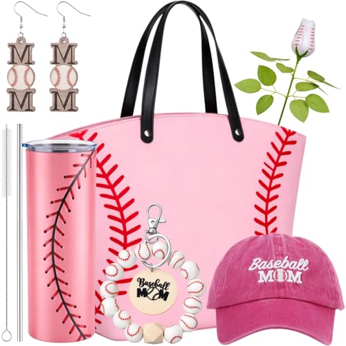 Sieral 6 Pcs Baseball Mom Gifts Set Include Baseball Tote Bags Stainless Steel Tumbler Cups Hat Keychain Earring Rose Flower Sport Mom Essentials for Birthday Sports Lover Women Party Favors(Pink)