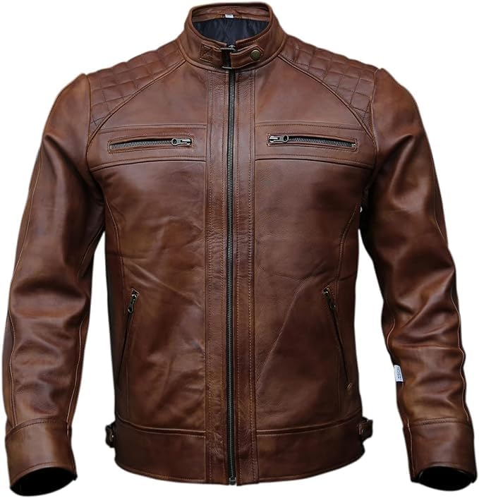 Image of Men's Leather Jacket Cafe Racer Biker Style Retro Stripes Jacket, Motorcycle Racing Leather Jacket Men