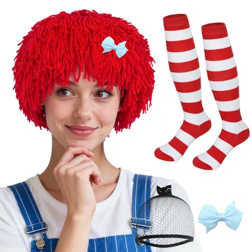 ESUNO Hair Cap+3PCS Raggedy Doll Wig with Bow and Socks Red Yarn Wig for Women Rag Doll Wigs Short Yarn Hair Adult Cosplay Costume Short Red Outfit Fluffy Costume for Party Halloween Cosplay