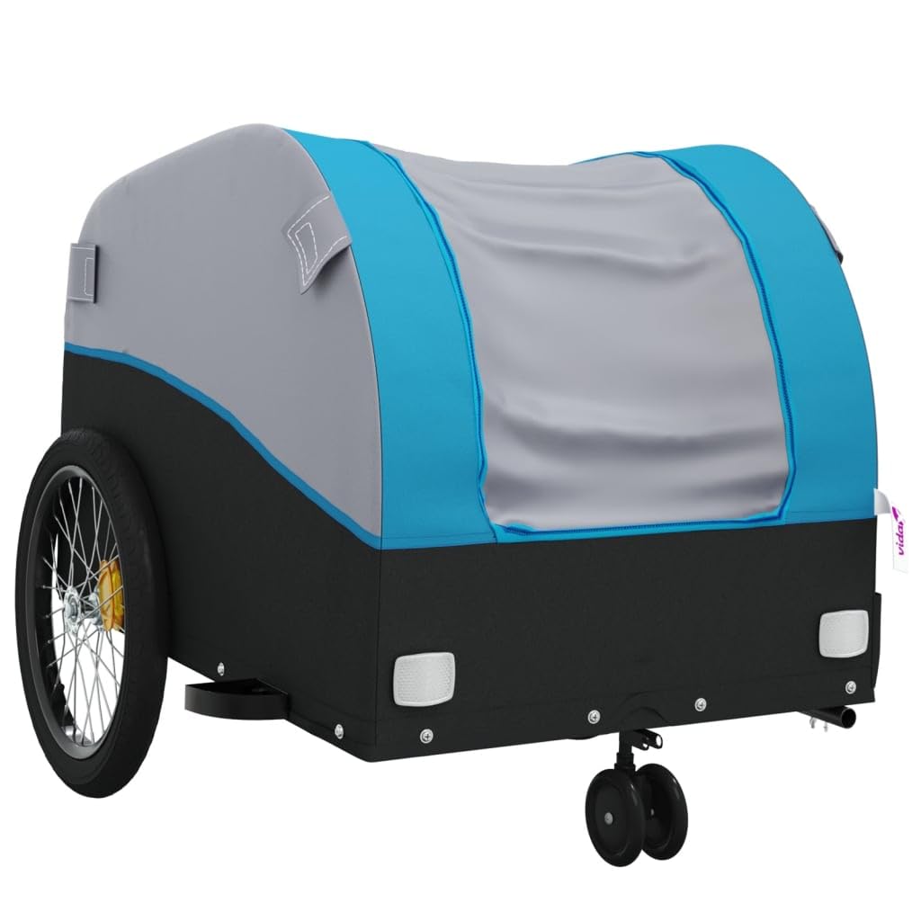 Remolque para bicicleta de hierro negro y azul, 30 kg, con bandera de seguridad y barra de tiro, plegable, para exteriores, compras, excursiones, ciudad, naturaleza, etc
