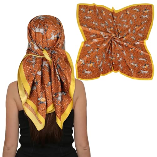 EXTREE Women's 35 inch Fashion Headscarf Silk Satin Scarf for Hair Wrapping at Night Bandana Square Scarf for Sleeping Pony Orange With Yellow Edges