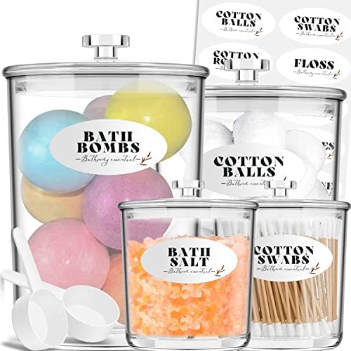 Acrylic Bathroom Jars With Lids Set - 4 Pack Apothecary Jars For Bath Bomb Holder, Bath Salt Container, Qtip Holder, Cotton Ball/Round/Swab/Pad Holder - Ideal Bathroom Organizers And Storage Canisters