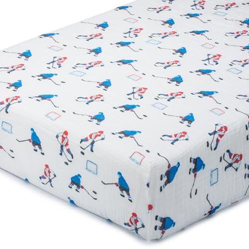 Image of LollyBanks Muslin Crib Sheet for Boys 1 Pack, 100% Cotton Soft and Breathable Crib Fitted Sheet for Standard 52"x28" Mattress, Cozy and Snug Baby Bed Sheets, Baby Essentials (Ice Hockey Print)