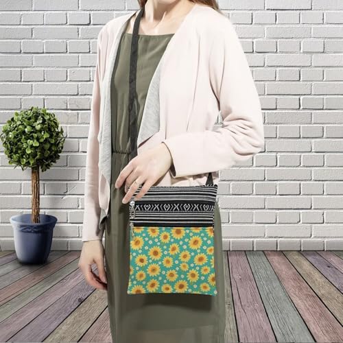 Blue-green Little Sunflower Messenger Bag Small Ethnic Pattern Adjustable Strap Crossbody Zipper Pouch Aesthetic Floral Phone Organizer Wallet Cute Shoulder Handbag for Women Friends3