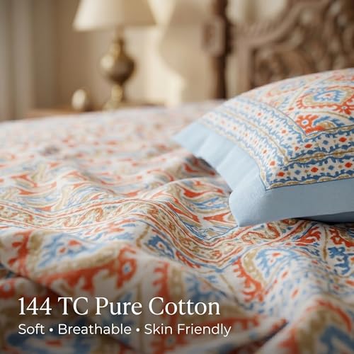 Image of Mafatlal 144 TC Heritage Queen Size Bedsheet | (90x108 inches) 100% Cotton Flatsheet Double Size with Two Pillow Covers| Super Soft Bed Sheet | Floral Design | Printed Fusion