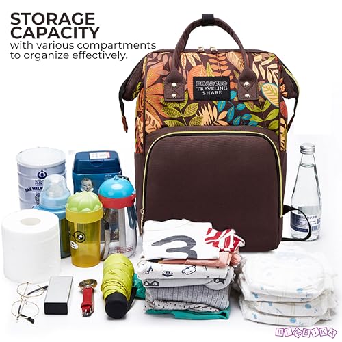 Image of BEMBIKA Diaper Bags for Mom and Dad, Diaper Bags for mom and Baby, Mummy Bag for Multi-Function Waterproof and Large Capacity Printed Leaf Design