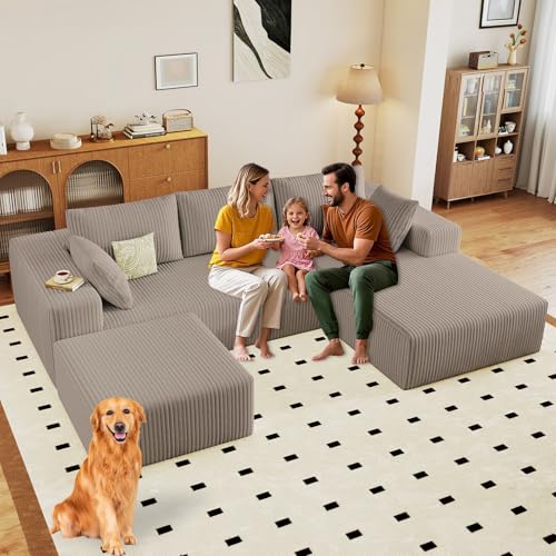 Image of 96 inch Modular Sectional Sofa with Ottoman, Modern Corduroy Cloud Couch with Deep Seat, Boneless Couch Upholstered 3-Seater U-Shaped Sofa for Living Room, No Assembly (Camel, Right-Facing Chaise)