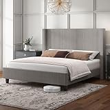 HOWE California King Size Upholstered Platform Bed Frame, Wingback Bed with 50.8" Headboard, Corduroy/Solid Wood Leg/No Box Spring Needed/Noise Free/Taupe