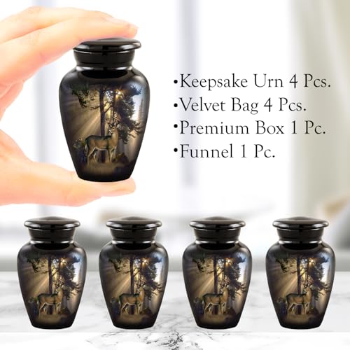 Image of Gone Hunting Deer Keepsake Urns with Sunrays - Set of 4 Majestic Buck Mini Cremation Urns for Human Ashes - Handcrafted Sharing Token Funeral & Memorial Urns with Velvet Bags & Funnel (S /4 Keepsakes)