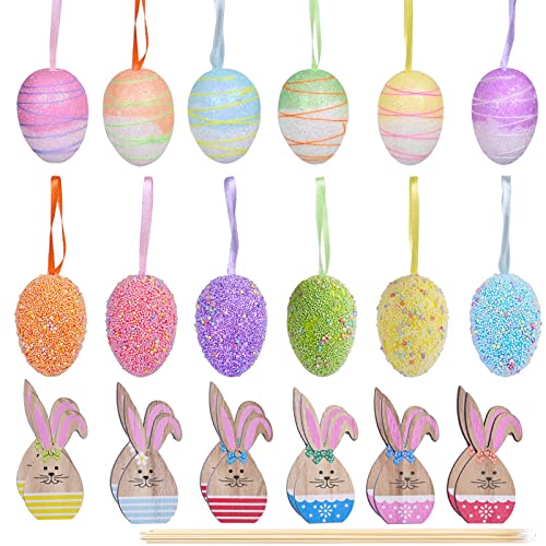 TUOCO Huevo de Pascua, 12 Piezas Huevos Color Espuma y 12 Piezas Colgante de Madera de Pascua Cover