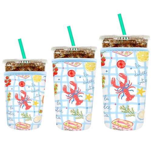 Image of YR Reusable Neoprene Insulator Sleeve for Iced Coffee Cups, 3 Pack Coffee Coolies sleeves for Iced & Hot Drinks, Cold Beverage Cooler Compatible with Starbucks Coffee and More (Lobster)