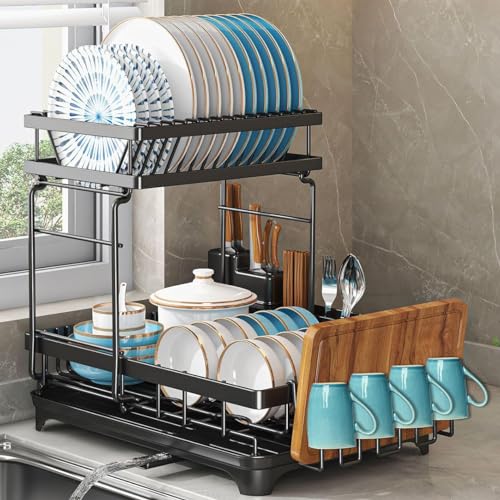 ZUMLLOMA Escurridor de Alatos de 2 Niveles para Fregadero, Escurreplatos sobre Fregadero Negro, Escurridor de Platos de Acero Inoxidable para Cocina con Función de Drenaje Automático