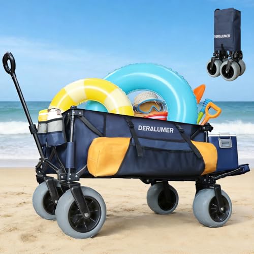 Deralumer X900 Beach Wagon for Sand with 9'×4' Big Wheels, 48' Extra Large Heavy Duty Folding Wagon with Expandable Tailgate & Side Bag, Puncture-Proof All Terrain Collapsible Utility Cart