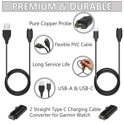 Image of 2 Pack for Garmin Watch Charger Cable for Fenix 5 /5S /5X /6 /6S /6X /7 /7S /8, Vivoactive 3 /4 /4S, Instinct, Forerunner 945, 3.3FT USB C and USB Charging Dock Cradle Data Cord with 2Pcs Adapter