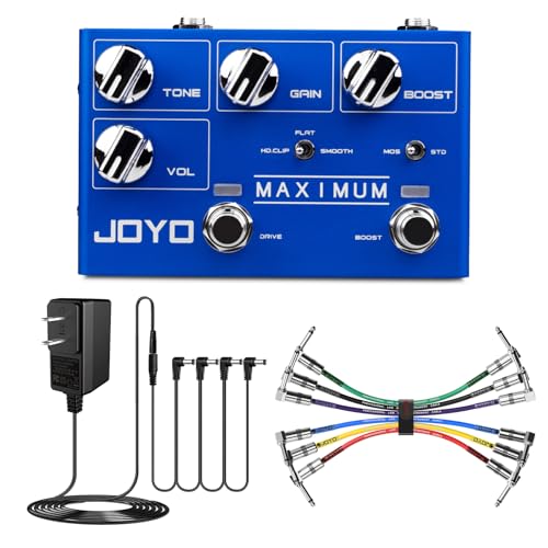 JOYO R-05 Maximum Overdrive Pedal Bundle with DC 9V Power Supply (800mA -1A) AC Adapter & CM-11 6.35mm Patch Cables 7.8 Inch