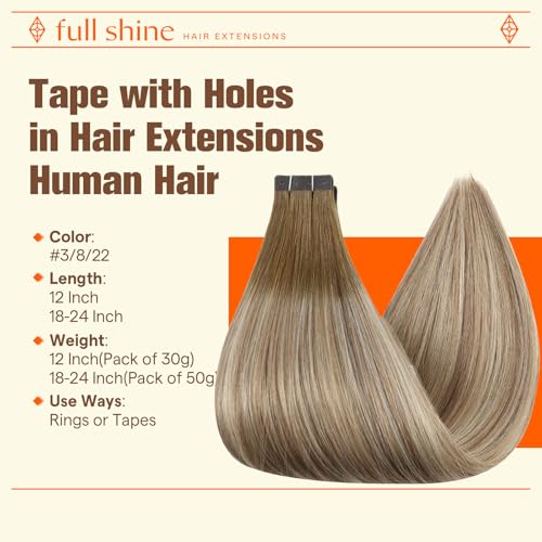 Image of Full Shine Holed Hair Extensions Tape In, Ash Brown Beige Blonde 22 Inch | 50g 20 PCS, Invisible Tape in Hair Extensions Human Hair, Hole Structure, Glueless Wear, Long Hairstyles, Soft Finish