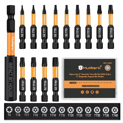 Image of Mulwark 2 inch Torx Bits Set, 14 Pieces (T5-T40) - Premium S2 Steel Security Torx Socket Bits with Magnetic Holder, Ideal for Christmas Gifting