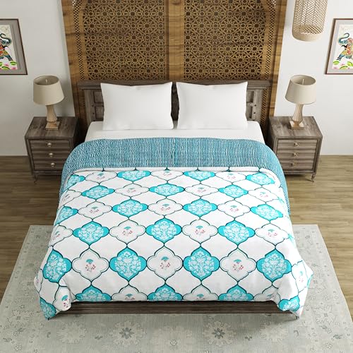 Image of BLOCKS OF INDIA Hand Block Printed Cotton King Size Quilt /Rajai | MUGHAL Turquoise
