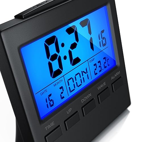 CSL - Reisewecker Funk digital - Funkwecker mit Temperaturanzeige - DCF Funkuhr - 3,3 Zoll LCD-Display mit Blauer LED Hintergrundbeleuchtung - Wecker mit Innen- Datums- und Wochentagsanzeig