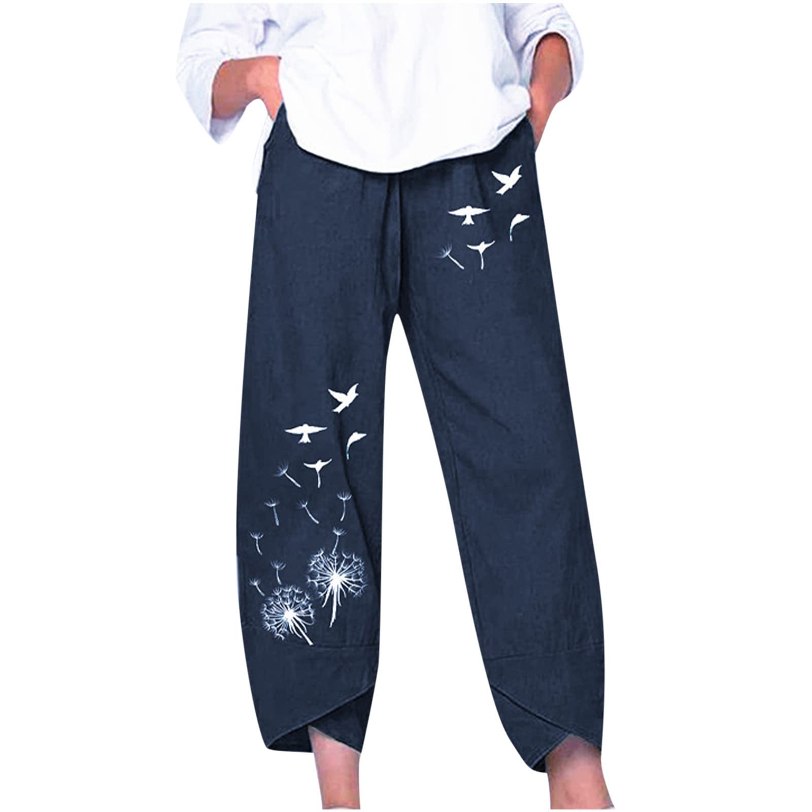 SMIDOW Capri Pants for Women Cotton Linen Wide Leg Capris Casual Summer Cropped Pants Beach Elastic Waist Baggy Crop Trousers