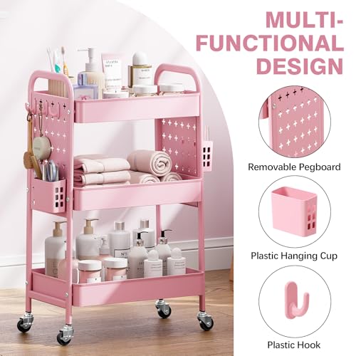 Image of KINGRACK 3 Tier Rolling Cart with DIY Pegboard, Metal Utility Cart with Wheels, Hooks & Baskets, Sturdy Storage Organizer for Craft, Bathroom, Kitchen, Office, Nursery, Classroom(Pink)