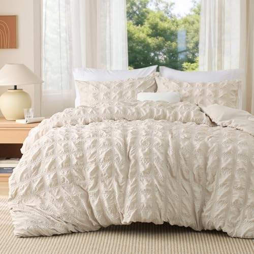Bedsure Double Duvet Cover Set - Seersucker Bedding Beige 200x200 cm