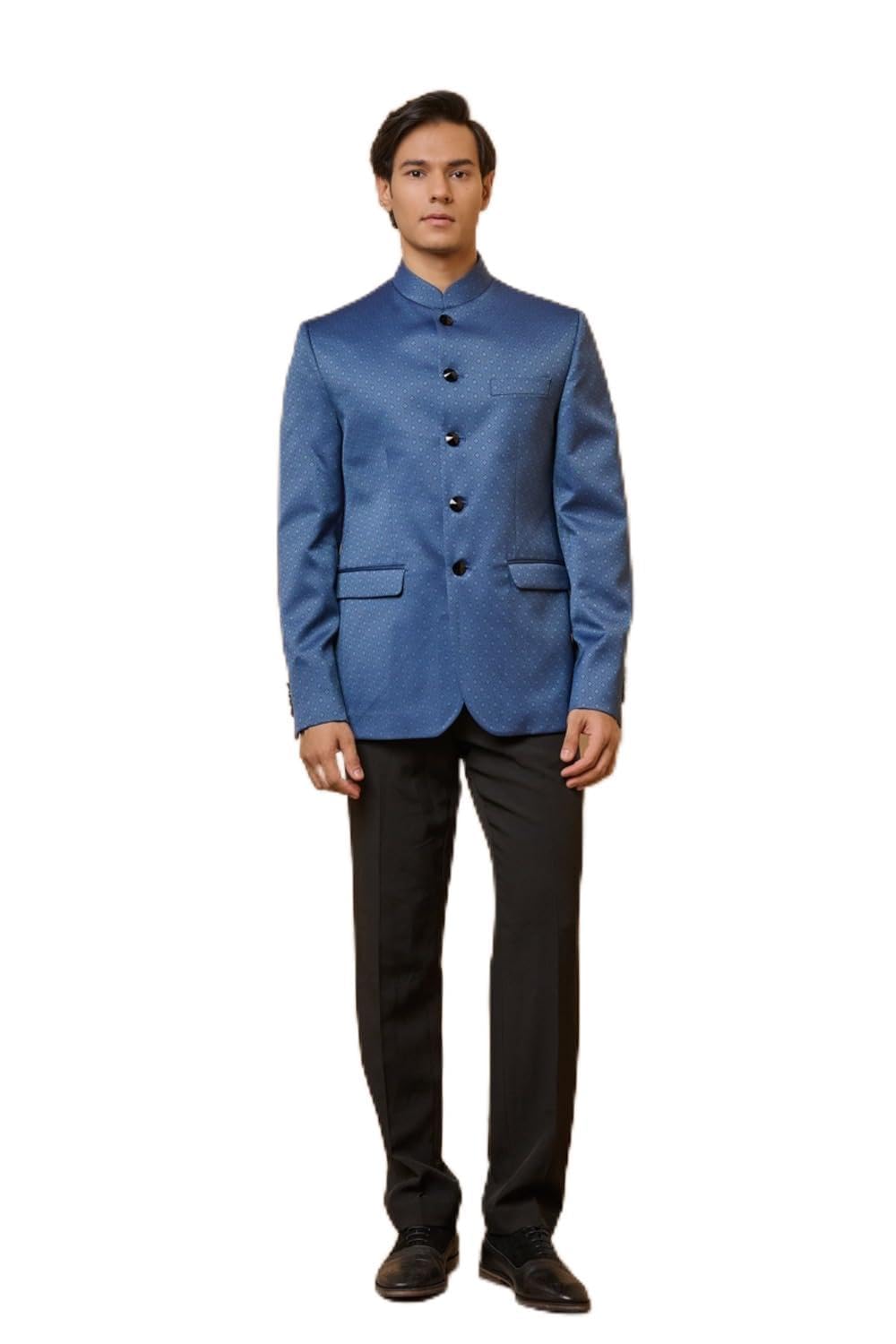 Medium Blue Classic Jacquard Bandhgala For Men-image-4