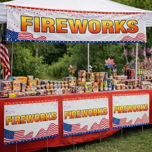 Gerrii 4 Pcs Fireworks Signs and Banner 4th of July Decorations Fireworks Sold Here Sign Extra Large 118 Banner 250th Anniversary Patriotic Independence Day Business Display Party Supplies