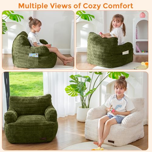 Image of MAXYOYO Kids Bean Bag Chair, Stuffed Toddler Bean Bag Sofa with Filler | Bean Bag Chair for Boys and Girls, Boho Striped Fabric Lazy Sofa with Pocket Floor Chair for Gaming, Reading, Dark Green