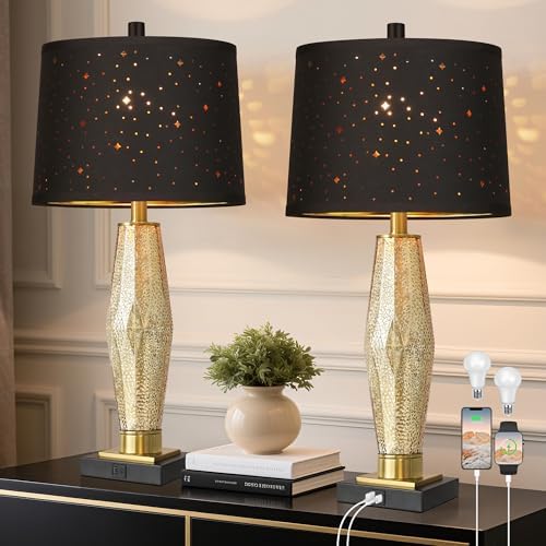 QiMH Glass Table Lamps for Bedroom Set of 2, Modern Beside Lamp with USB A+C Charging Ports, Nightstand Lamps for Living Room with Black Star Lampshade, Rotary Switches, Black Gold