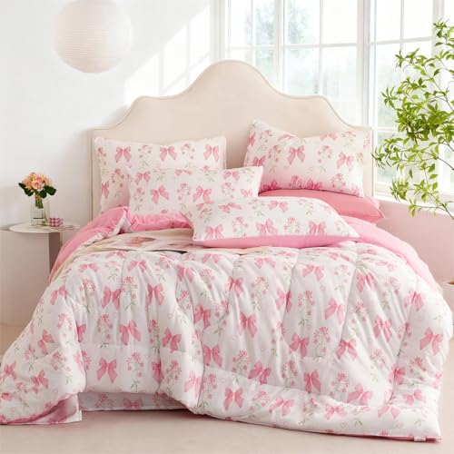 CCoutueChen Pink Bow Comforter Set Queen 3Pcs Pink Floral Bedding Set for Girls Kids Romantic Princess Style Bowknot Bedding Ultra Soft Reversible Garden Flower Comforter Sets with 2 Pillowcases