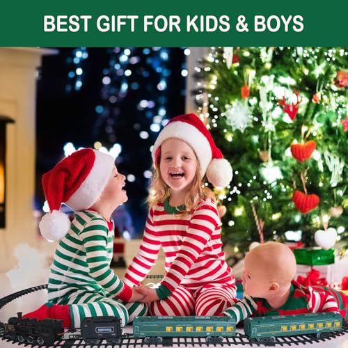 Image of Electric Train Sets for Boys Girls Metal Alloy Christmas Trains Toys Steam Locomotive, Passenger Carriages, Tracks, Light & Sounds Rechargeable Birthday Gifts for Kids 3 4 5 6 7 8 + Years Old Green 
