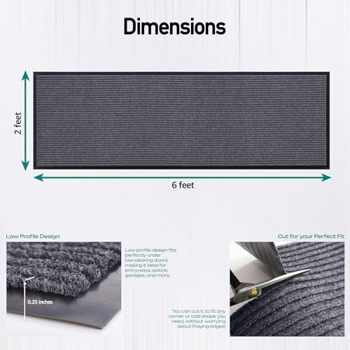 Image of MaxMat Heavy Duty Floor Mat - Large Commercial, Indoor /Outdoor, Waterproof, Low-Profile, Easy to Clean Doormat (2 x 6 Feet, Grey, MXM-RIB0026GY)