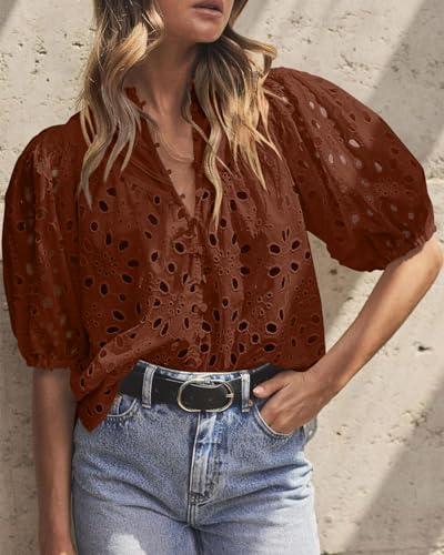 BETTE BOUTIK Women's Long Short Sleeve Tops 2025 Dressy Casual Button Hollow Out Lace Embroidered Blouses Shirts
