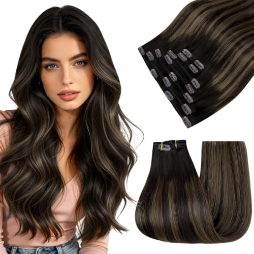 Image of Easyouth Balayage Clip in Hair Extensions, 18 Inch 7pcs 120g, Hair Extensions Clip ins, Ombre Dark Brown to Brown, Remy Hair Clip Extension for Women, Easy to Apply, for First-Time Users
