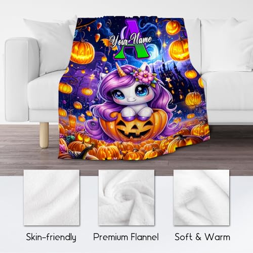 Halloween Blanket, Personalized Unicorn Blanket for Girls, Custom Kids Throw with Initial, Gifts for Girls, Cute Flannel Throw for Toddler Child (4 Sizes Choose)