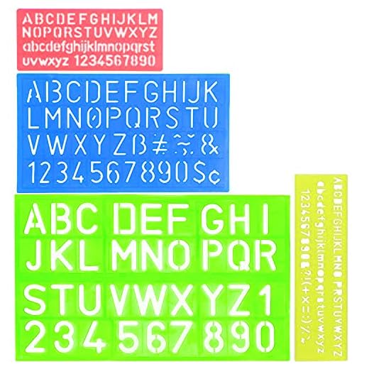 Juego de 4 plantillas de plástico para letras, plantillas de alfabeto, regla, plantilla de dibujo, guías de plantillas de números con colores y tamaños variados para manualidades, reutilizables