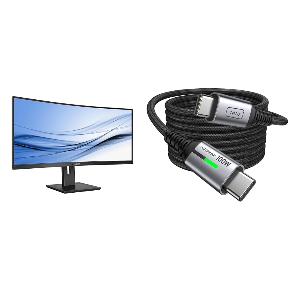 Philips 346B1C - 34 Zoll WQHD Curved USB-C Docking Monitor, höhenverstellbar & INIU USB C Kabel, 100W [2m] PD3.0 Schnellladekabel USB C auf USB C