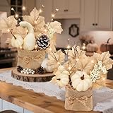 [Light & Timer] Fall Decor 2 Pack Fall Table Centerpieces with 20 LED Tabletop Maple Tree Pumpkin Pinecone Berry Branch Arrangement, Fall Decorations for Home Kitchen Halloween Thanksgiving