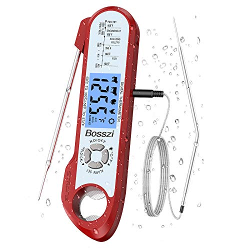 Bosszi Digital Meat Thermometer 2 in 1, Instant Read Foldable Food Thermometer with Alarm, Display and Corkscrew Function, Waterproof Food Thermometer for Grilling,Turkey, BBQ, Baking, Liquids, Candy