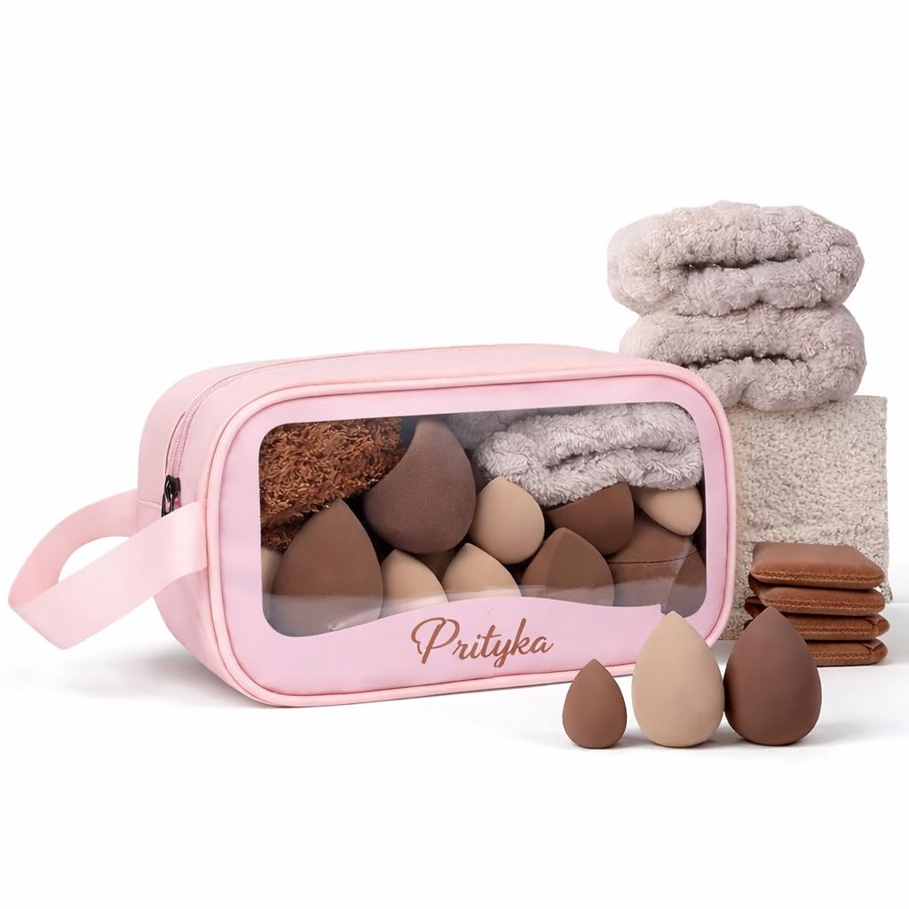Multi-Shape Makeup Sponge Set | 20Piece Beauty Tool Accessories Puff Collection with Headband and Clean Sponge | Suitable For Daily Use | Face Blender Kit for Cream, Liquid & Powder | Aesthetic and Functional Makeup Tool (Brown, 20Pcs) with Transperent Makeup Bag-image-6
