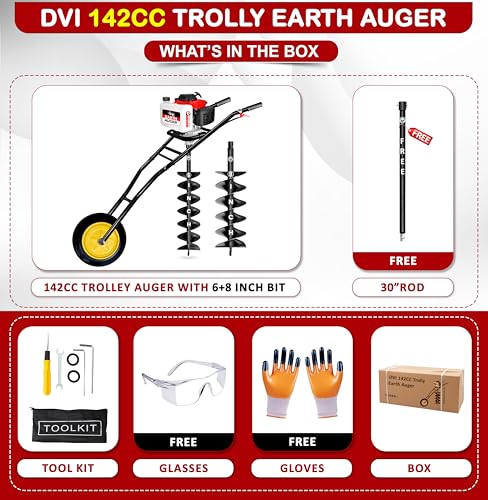 Image of DVI 142CC Trolley Earth Auger Machine, 4-Stroke Petrol Engine - with 6 Inch + 8 Inch Double Spiral Planter Bits & Free Extension Rod | for Plantation, Fencing & Post Hole Digging in All Soil Types.