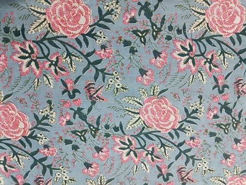 Image of Doraya Pure Cotton Dress Making Fabric Sanganeri Print Jaipuri Hand Block Printed Unstitched Dress Material for Women Blouse /Plazzo,Kurti /Lehenga Piece Womens 43 inch Inches Width (Grey 3, 2.5 Meter)