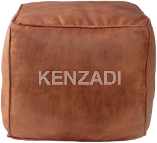 Miniatura 4 de KENZADI Puf de cuero genuino relleno hecho a mano cosido en Marrakech por artesanos marroquíes (marrón oscuro) (negro por negro) Negro por