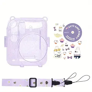 ZIKKON Transparent Glitter Camera case Compatible with Fujifilm Instax Mini 12 - Mini 12 Camera case, Cute Pattern Shoulder Strap and Pattern Stickers- Lilac Purple