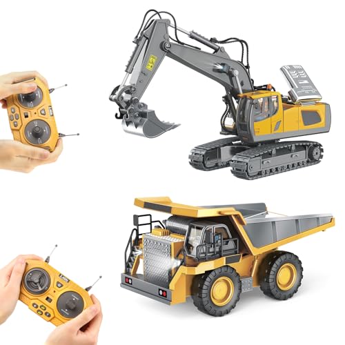 PREPOP Remote Control Excavator & Dump Truck Toy Set for Kids, Ages 4-12, with Metal Components, Lights & Sounds, 2.4Ghz, Best Birthday