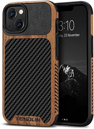 TENDLIN Compatible with iPhone 13 Case Wood Grain with Carbon Fiber Texture Design Leather Hybrid Case Compatible for iPhone 13 6.1-inch Released in 2021 Black